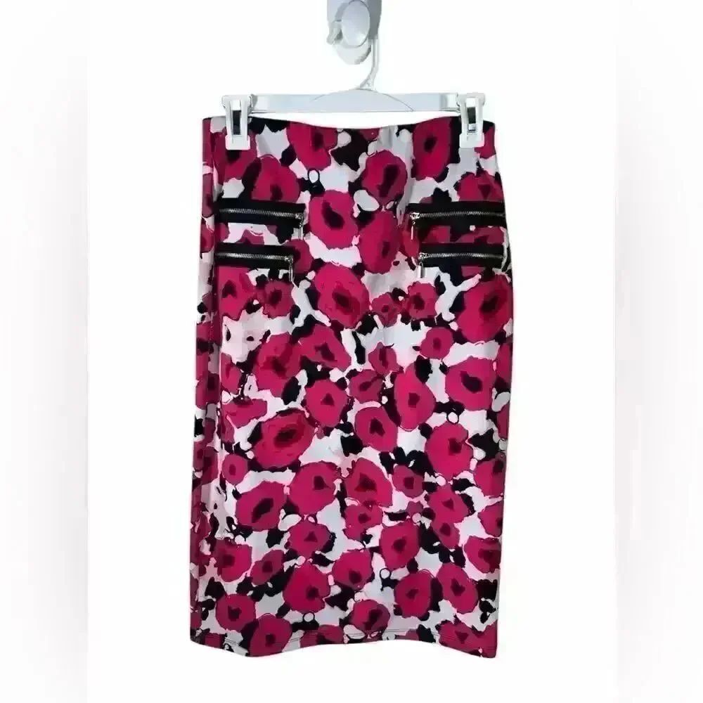 Grace Elements Hot Pink Floral Pencil Skirt with Black Zip Details